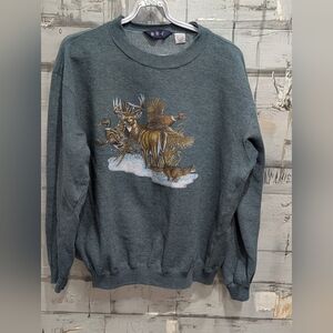 Vintage Wildlife Scene Crewneck Sweatshirt Green Ptp 26" Y2k